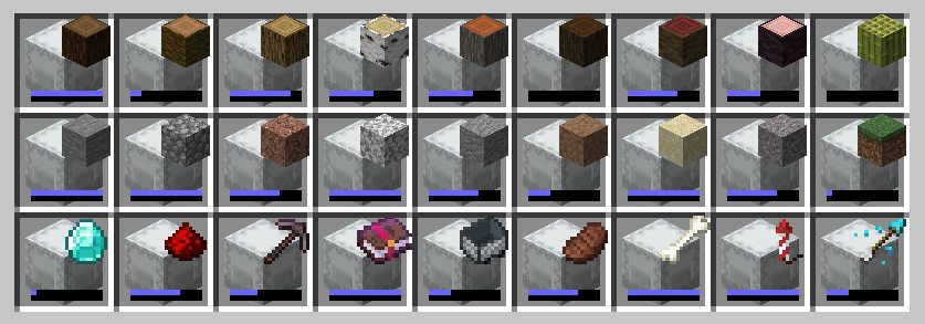 An inventory filled with shulkers that have an item displayed on them.