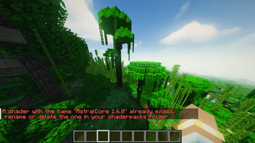 A minecraft world with shaders applied witht the text 'A shader with the name "AstralCore 1.6.0" already exists, rename or delete the one in your shaderpacks folder' in chat