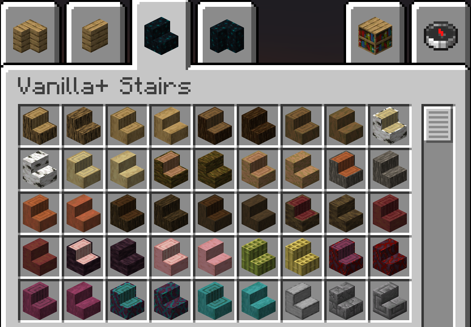 In-game screenshot of the custom creative inventory tab filled with vanilla+ stairs