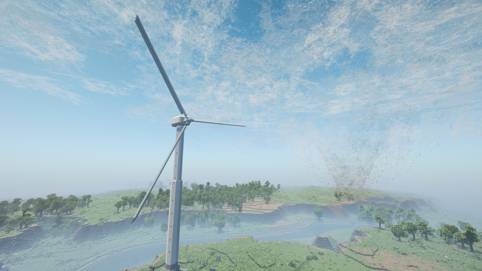 Twistermill title picture, wind direction alligned wind turbine with a contraption-on-contraption setup. Wind simulation powerd by weather2 (Tornado and Storms mod). Kinetic wind harnessed power compatible with create:newage mod, flux networks etc. Valkyrienskies 2 contraptions and create: interactive used for 120degree blade offset and pitch variations.