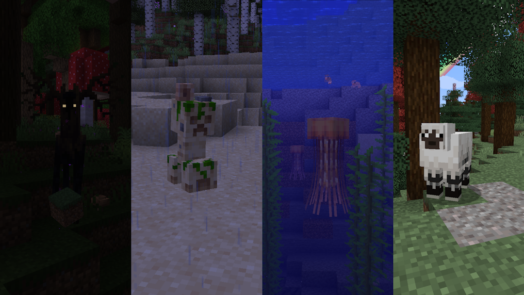 Dark Oak Enderman, Beach Creeper, Jellyfish, and a sick as sheep