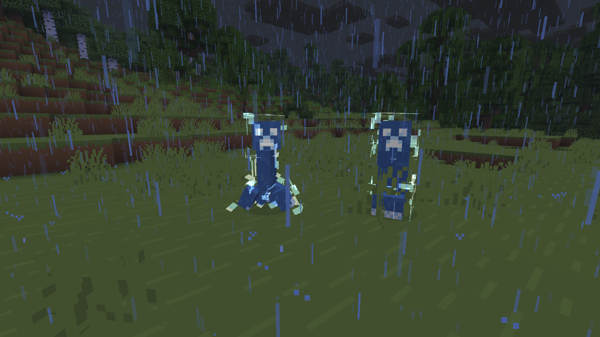 Two blue charged creepers in a plains biome during a thunderstorm