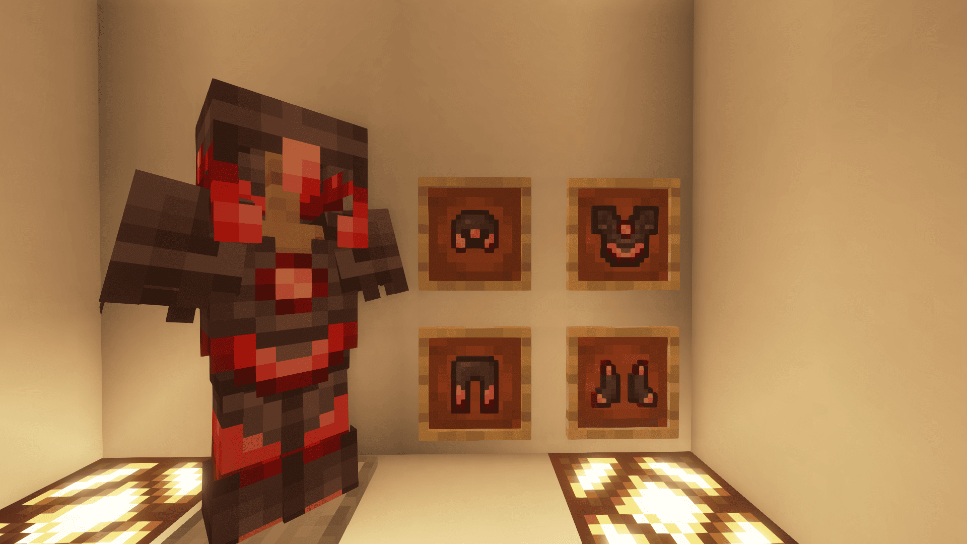 A full ruby netherite armor set in Minecraft.