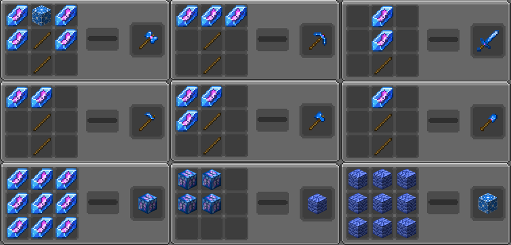 Image shows recipes for hammer, pickaxe, sword, hoe, awe, shovel, relyx block, relyx rune block, magic relyx block