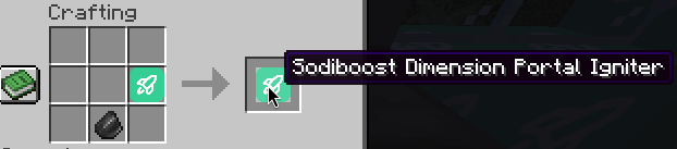 A 3x3 recipe showing a flint and one Sodiboost item in the crafting grid. The result is a "Sodiboost Dimension Portal Igniter"