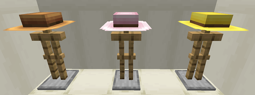 Armor Stands wearing a Brown Paleontologist Hat, a Pink Paleontologist Hat and a Yellow Paleontologist Hat