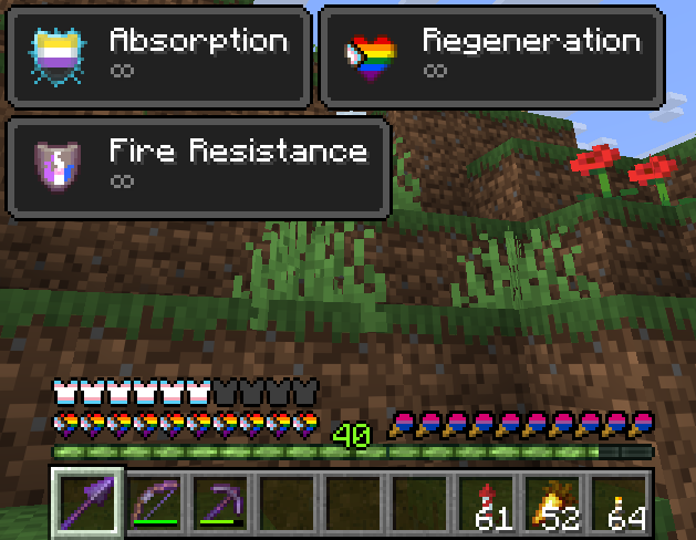 A screenshot of the hotbar & three potion effects with the Resourcepack on.