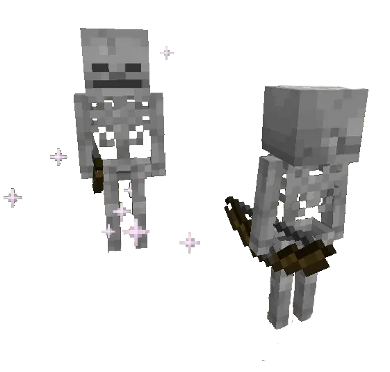 A screenshot of two skeletons, right skeleton is normal, whilst the left one is emitting particles, indicating a supercharged mob
