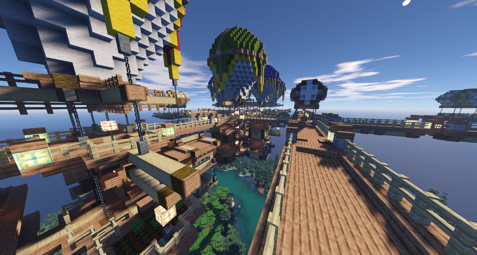 Wooden walkways and platforms suspended by large hot air balloons of varying colors.
