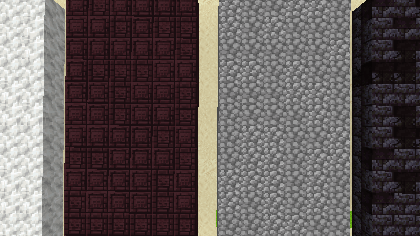 Calcite(Texture Update), Chiseled Nether Brick (Dungeons), Cobblestone (Both), Polished Cracked Blackstone Bricks (Dungeons).