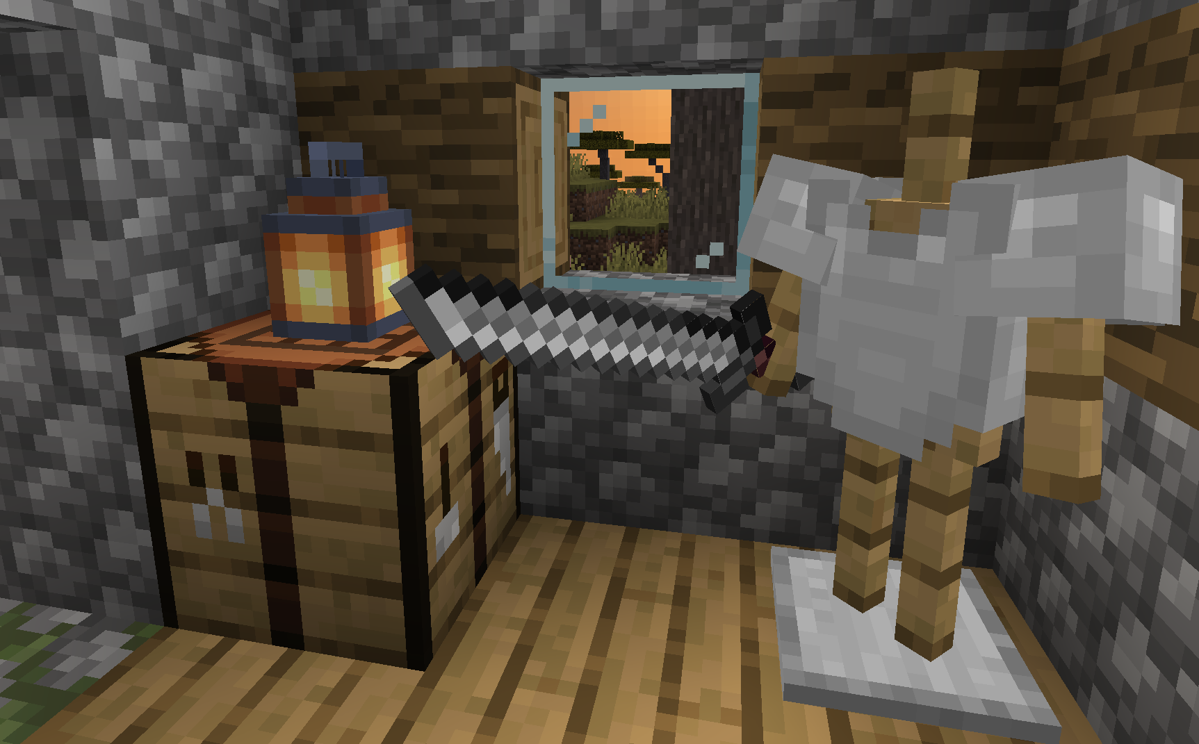 An armor holding an Iron Longsword inside an oak village house