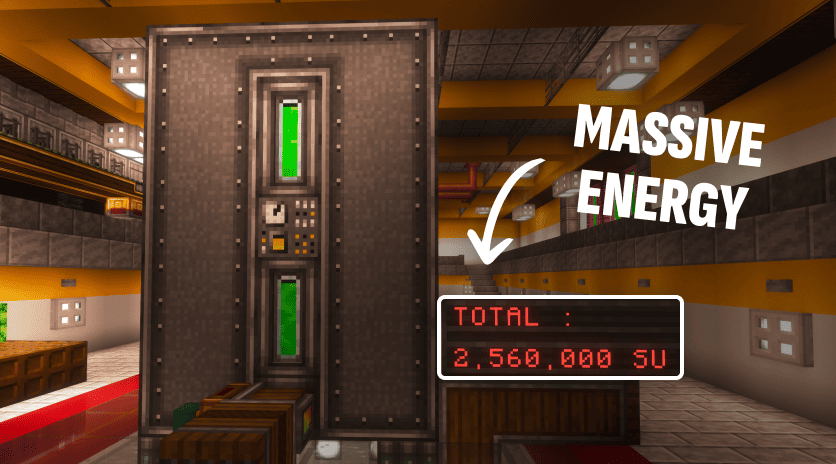 Minecraft screenshot of an energy setup, photoshopped to highlight a large SU output display reading 2,560,000 SU.
