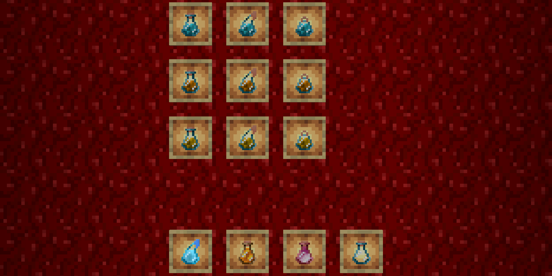 every variant of speed, fire resistance, and strength potions. as well as every other from of bottle