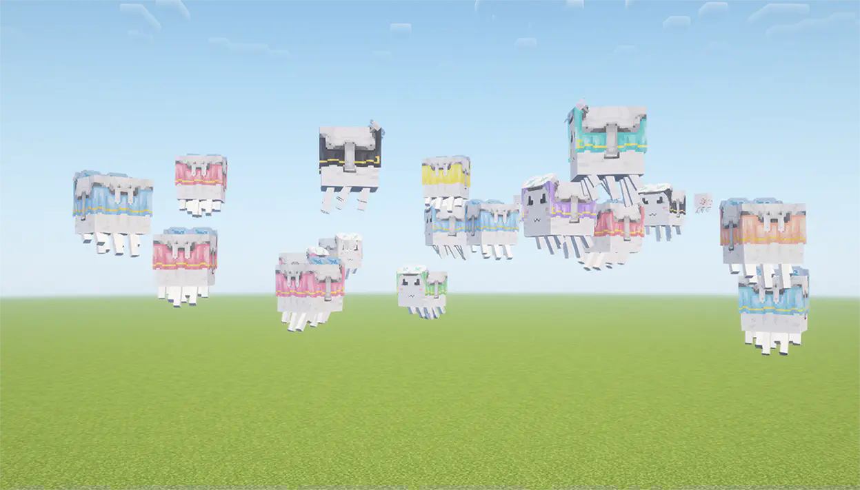 wide shot in the sky showing a bunch of floating happy ghasts wearing the retextured harness showcasing the color variants.
