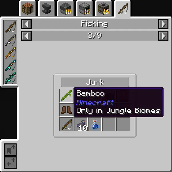 A photo showcasing that hovering over items in the GUI will note additional information such as biome.