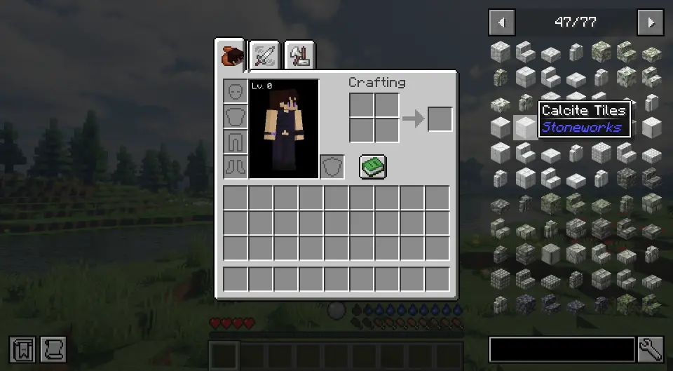 Inventory and Just Enough Items UIs open with cursor hovering over Calcite Tiles
