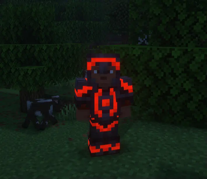 A player wearing fully glow-trimmed armour.