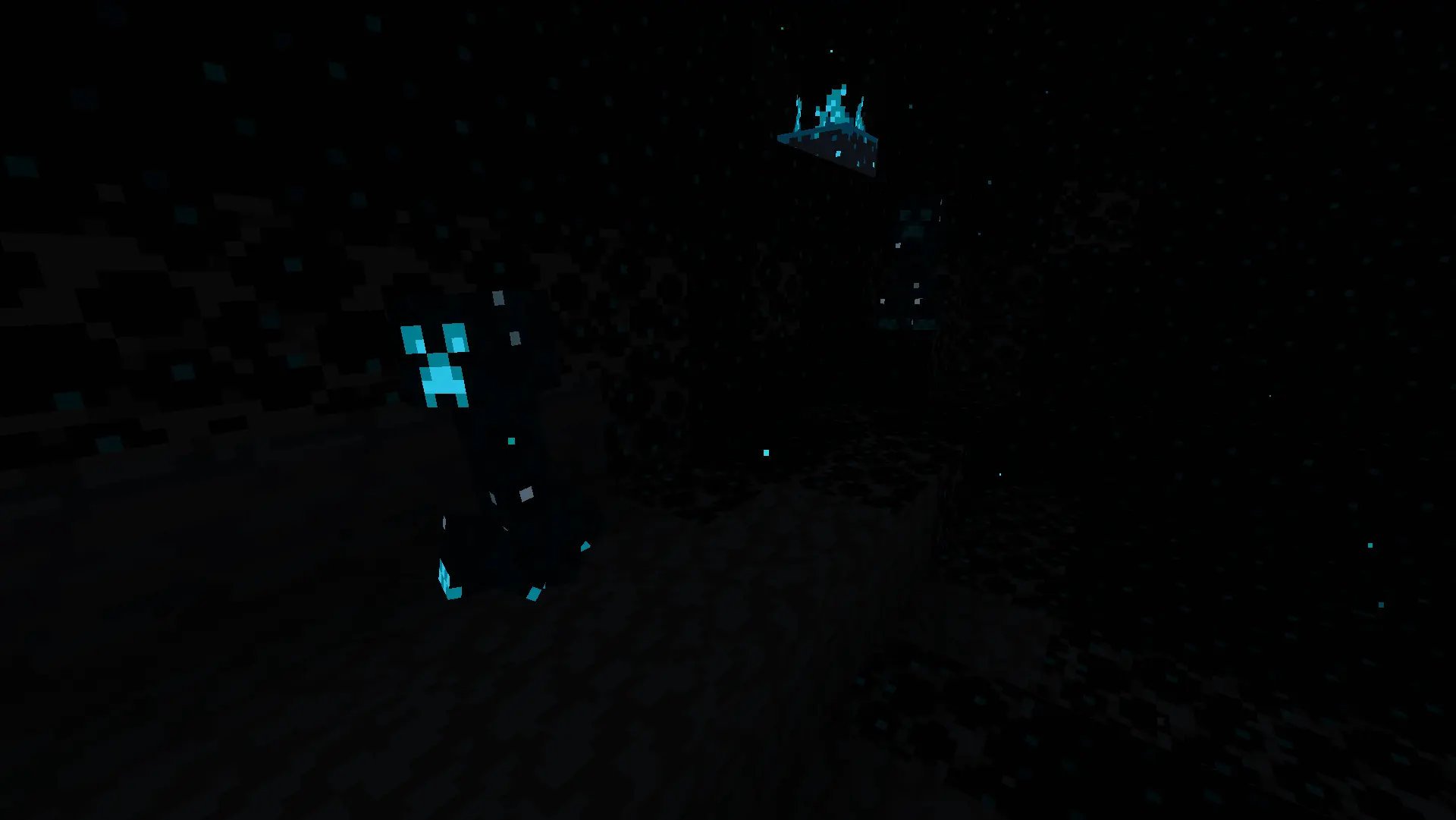 Pitch black deep dark cave with a glowing creeper face and sculk sensor