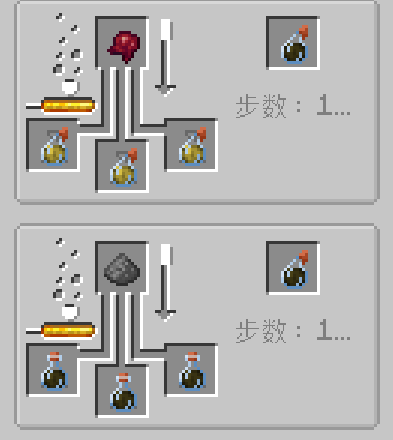 JEI brewing recipe showing the creation of Fatigue Potion from a Haste Potion using Nether Wart, including splash potion conversion with Gunpowder.