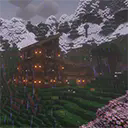 The logo for the resource pack Gentler Weather Sounds, It shows a minecraft house on a hill in the rain