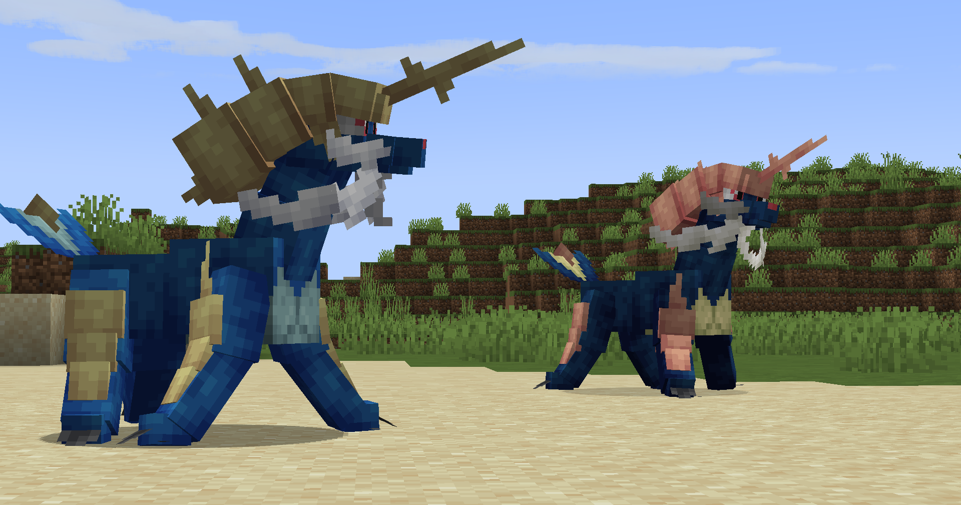 Two Samurott walking along a beach.