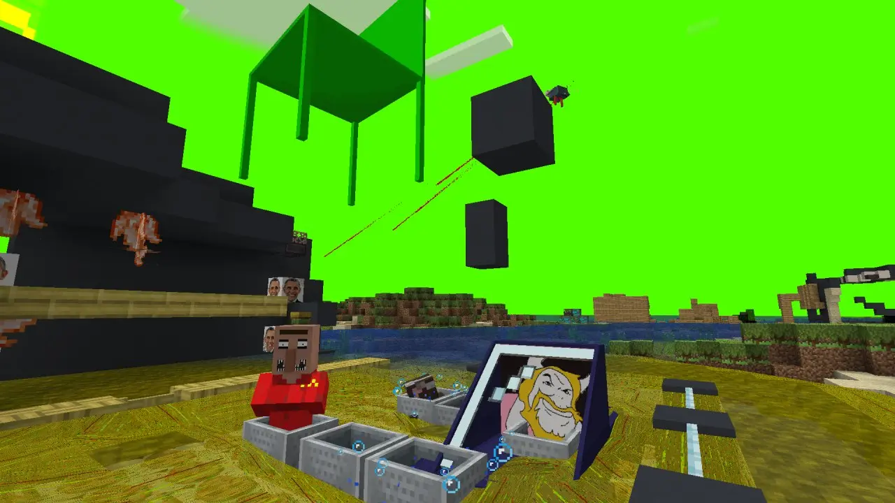 A broken structure with Asgore who's driving in a car right after a beer, a worker of an american fast food restaurant chain we shall not mention, a giant gamign chair and a lot of minecarts