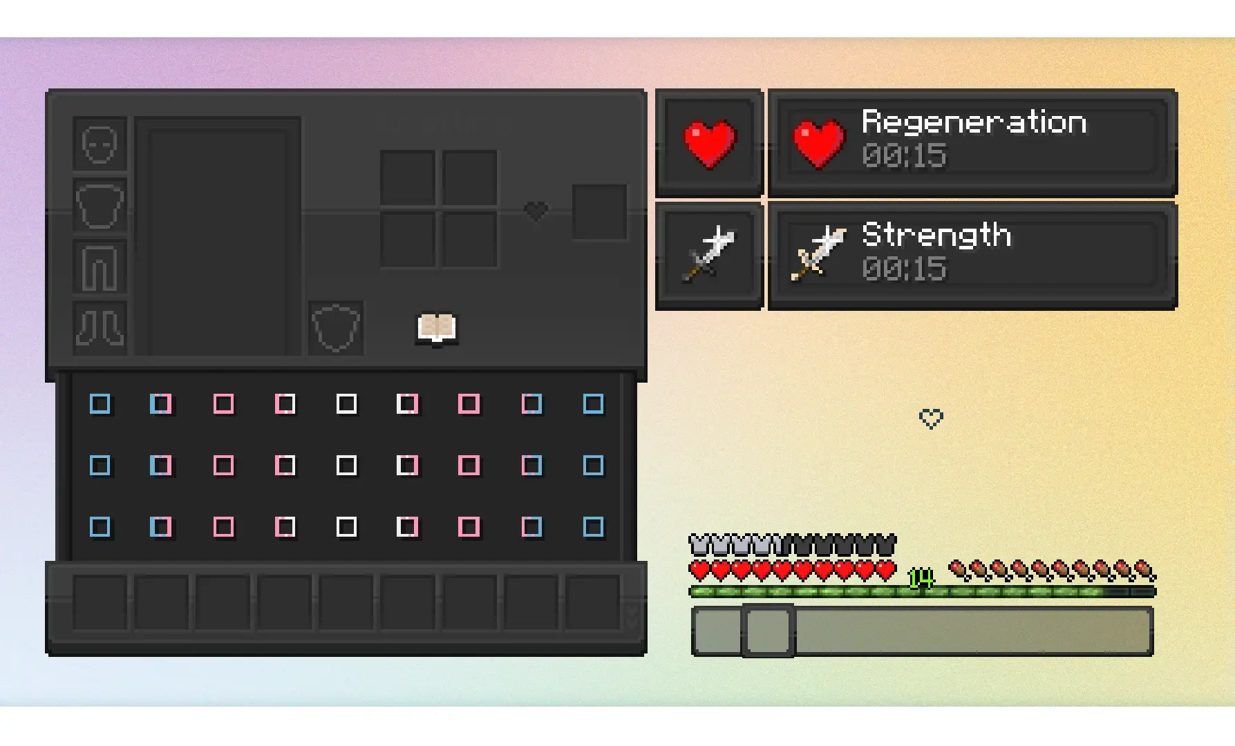 A preview of the Transgender GUI included, alongside an example of the hotbar and effect backgrounds