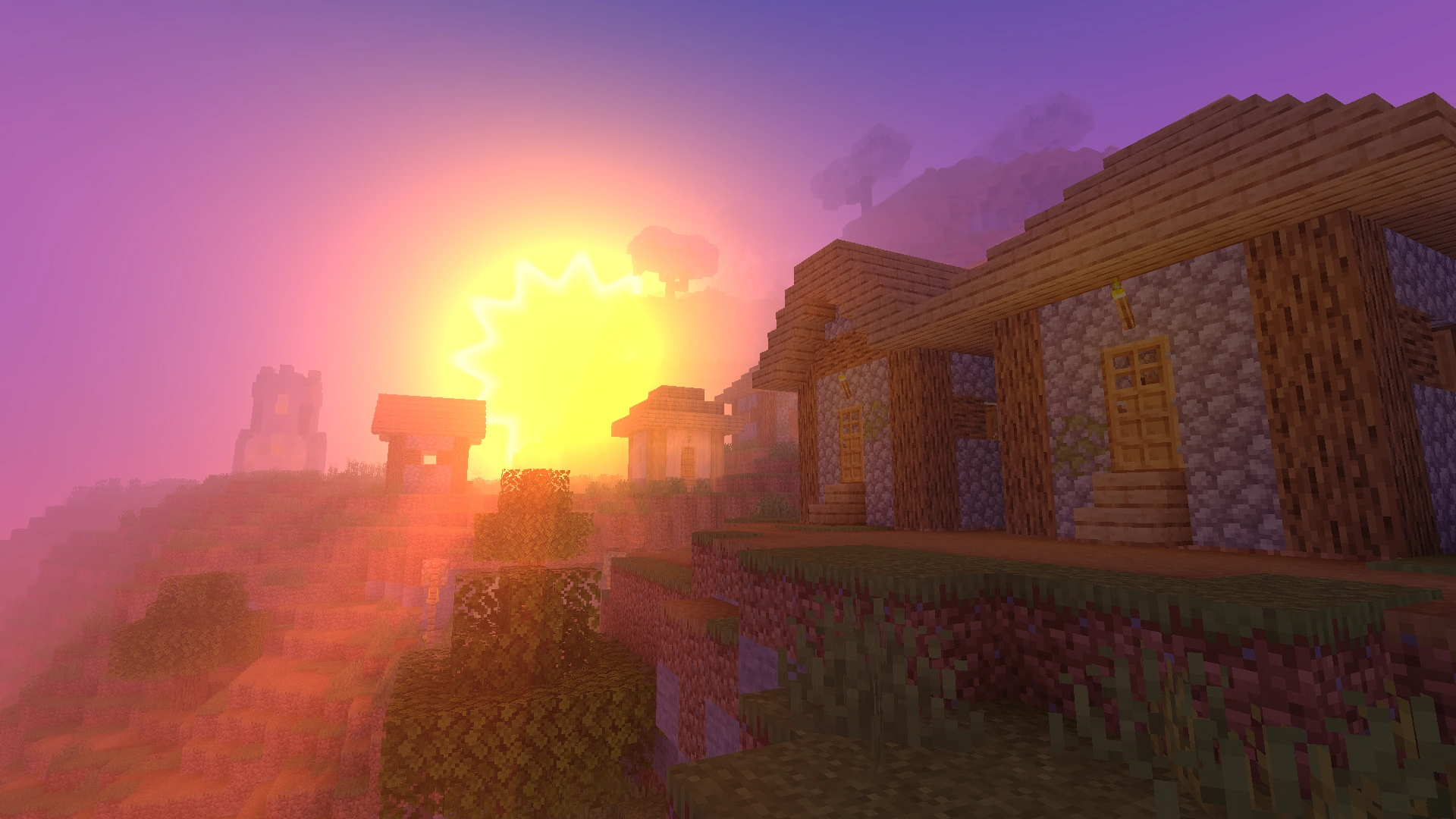 A pretty sunset, vibrant colors, distance fog, pretty sky colors, cartoonish sun, god rays, in a pretty awesome village