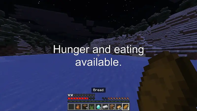 A player is eating a loaf of bread while there are no hostile mobs at night around them. 