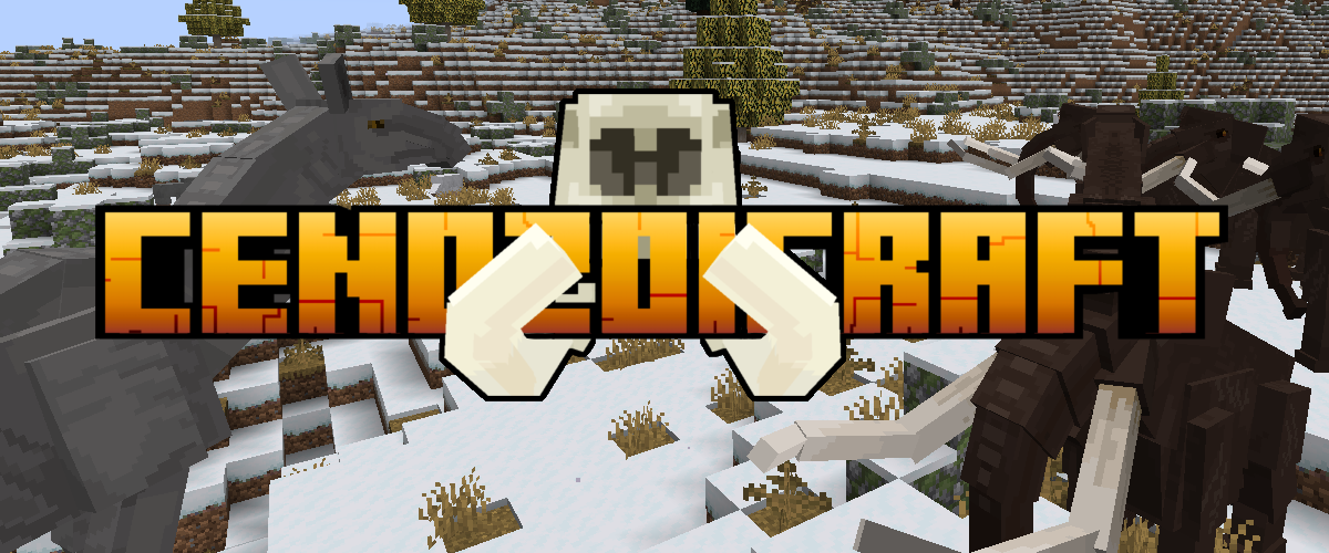 CENOZOICRAFT title overlayed on a background of snowy hills, a herd of mammoth, and one paraceratherium.