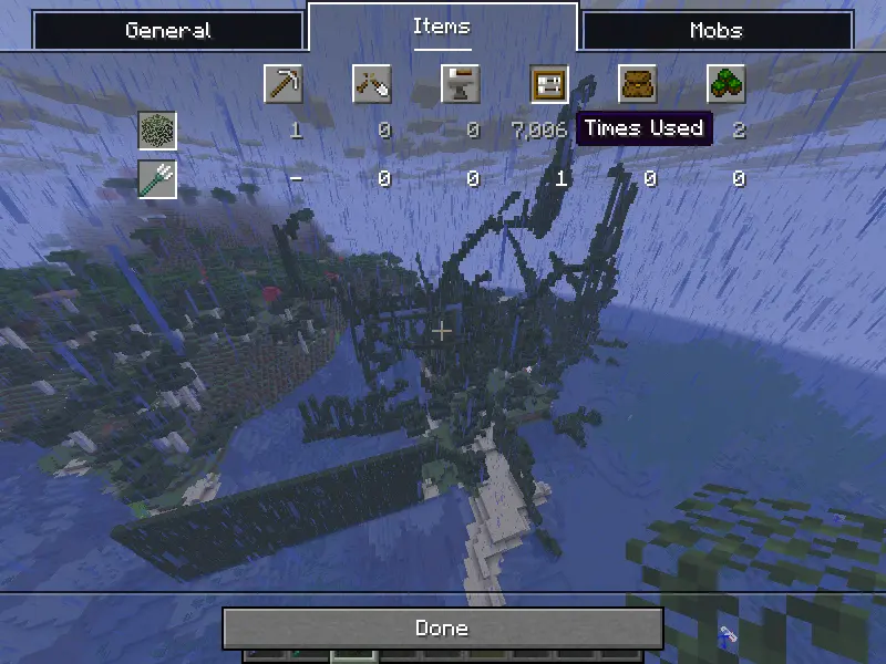 The Minecraft statistics screen showing Birch Leaves placed 7006 times. In the background there is an island with all those leaves.