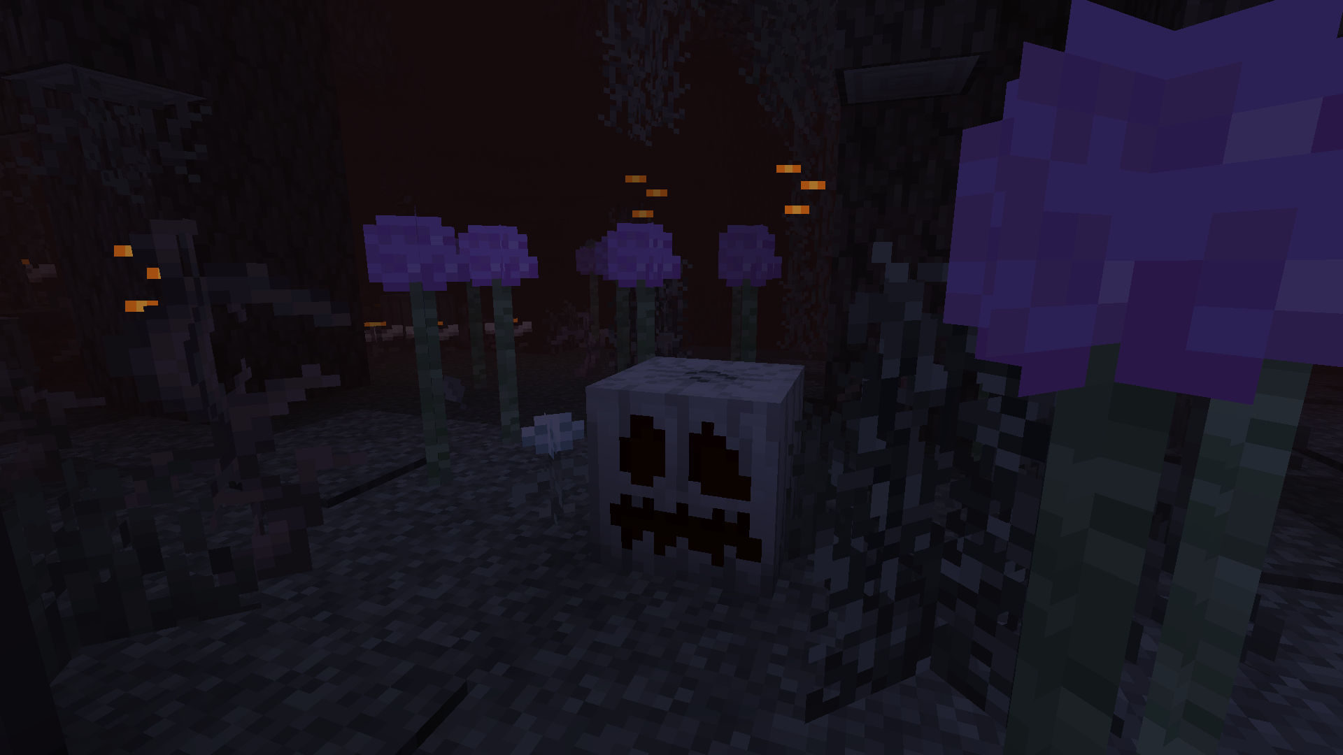 Pale flower, tall and small bushes, pumpkins