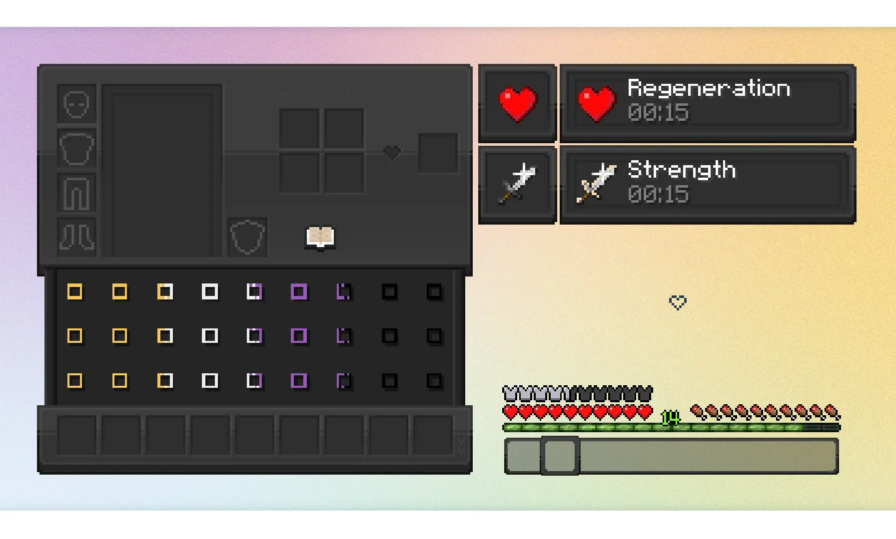 A preview of the Nonbinary GUI included, alongside an example of the hotbar and effect backgrounds