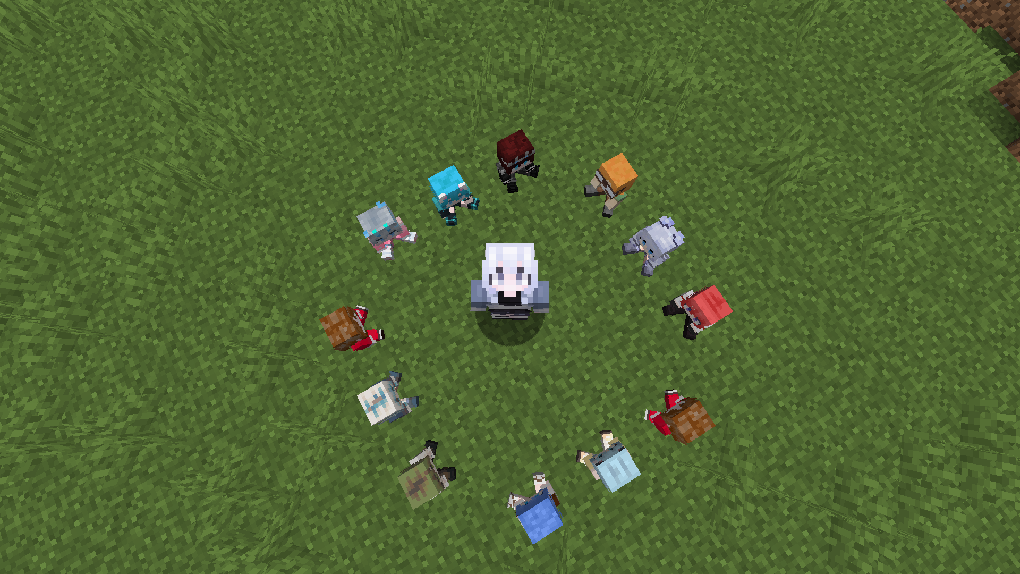 bluezjx standing in the center, surrounded by a pile of dolls