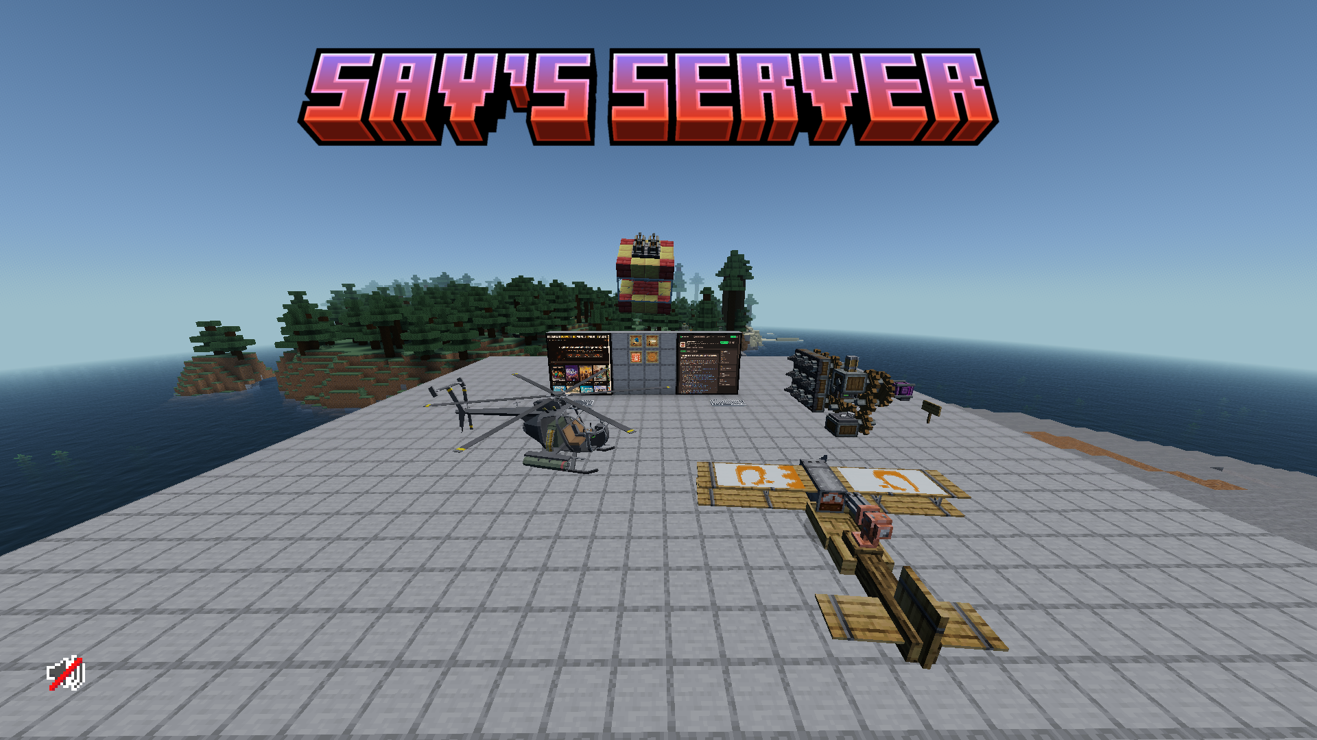 A scene depicting some features of the create mod, the create: aeronautics addon mod, the superb warfare mod, the webdisplays forked mod and the immersive aircraft mod.