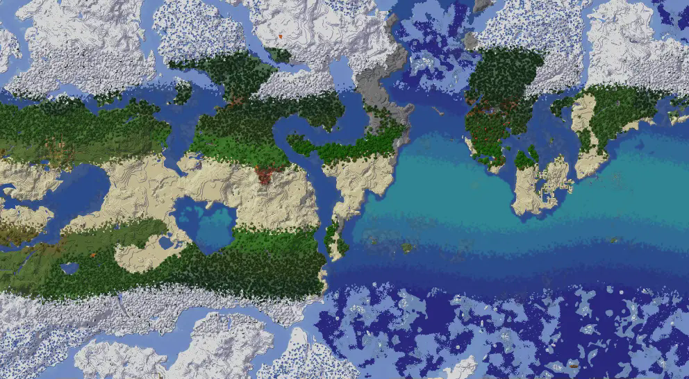 An example of generation of a world divided into bands of biomes miniaturized to fit in the map