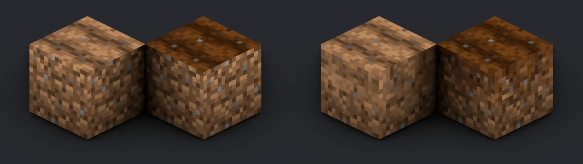 The vanilla farmland blocks are shown the left, and the blocks from my resource pack are shown on the right.