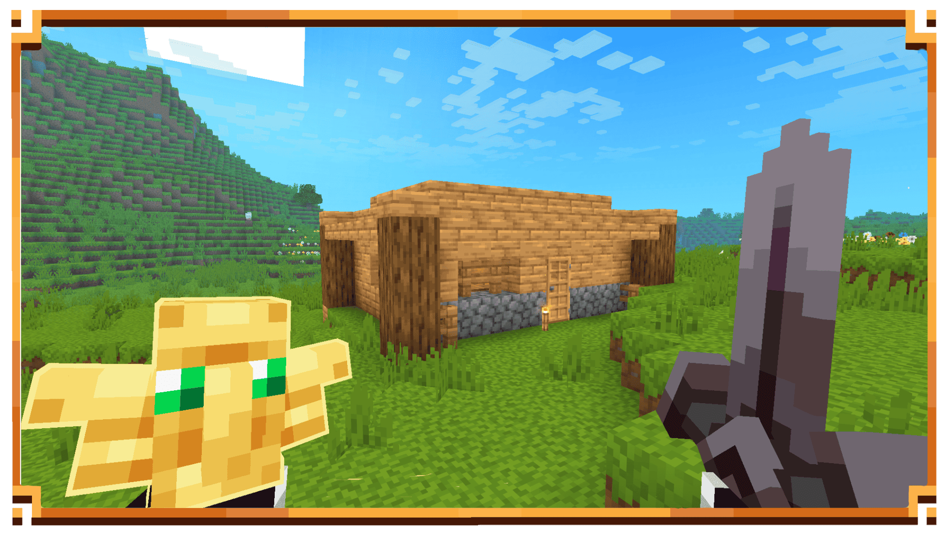 Netherite sword and a Totem Looking at a house