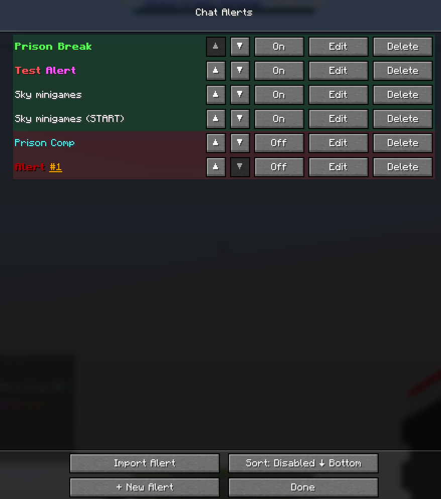 screenshot: The main Chat Alerts list screen showing several configured alerts with green and red tinting, reorder arrows, and per-row controls