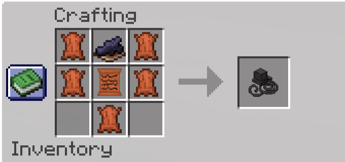 a recipe to make tefilin, middle is leather parchment, top middle is black_dye and the rest expect the bottom corners is leather