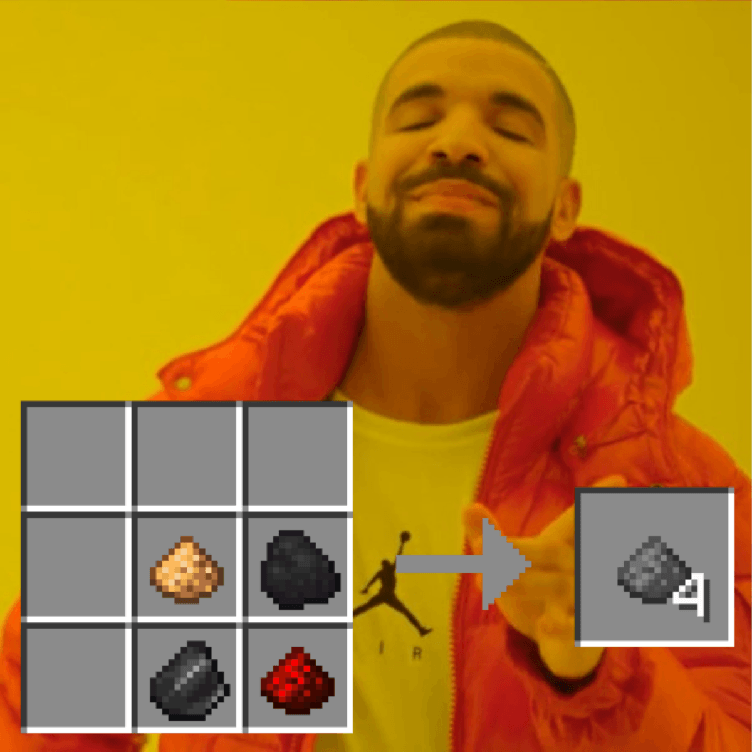 Meme showing user using the crafting recipe with a pleased face.