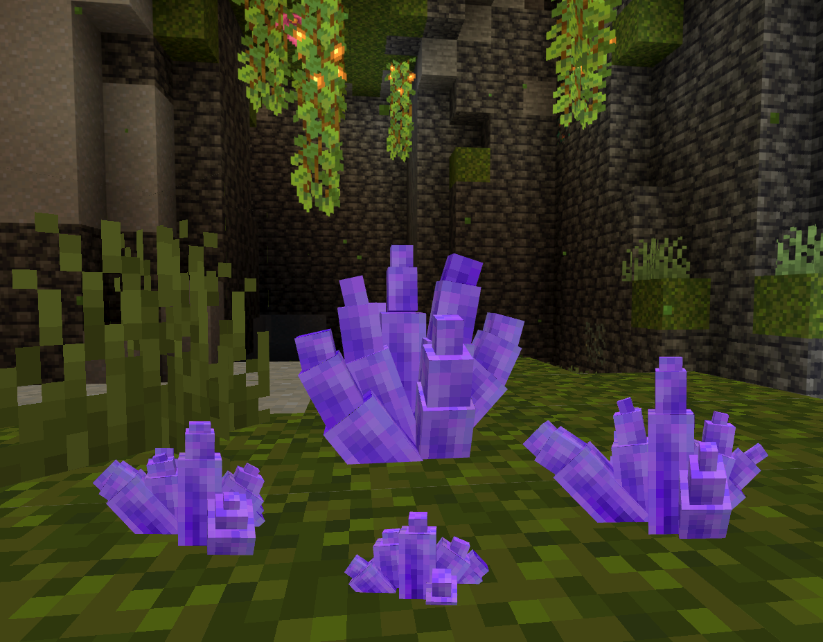 All Four stages in 3D models are shown in a lit lush cave.