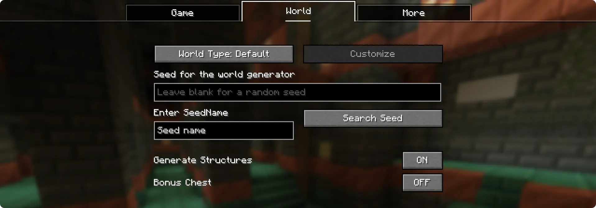 World creation menu