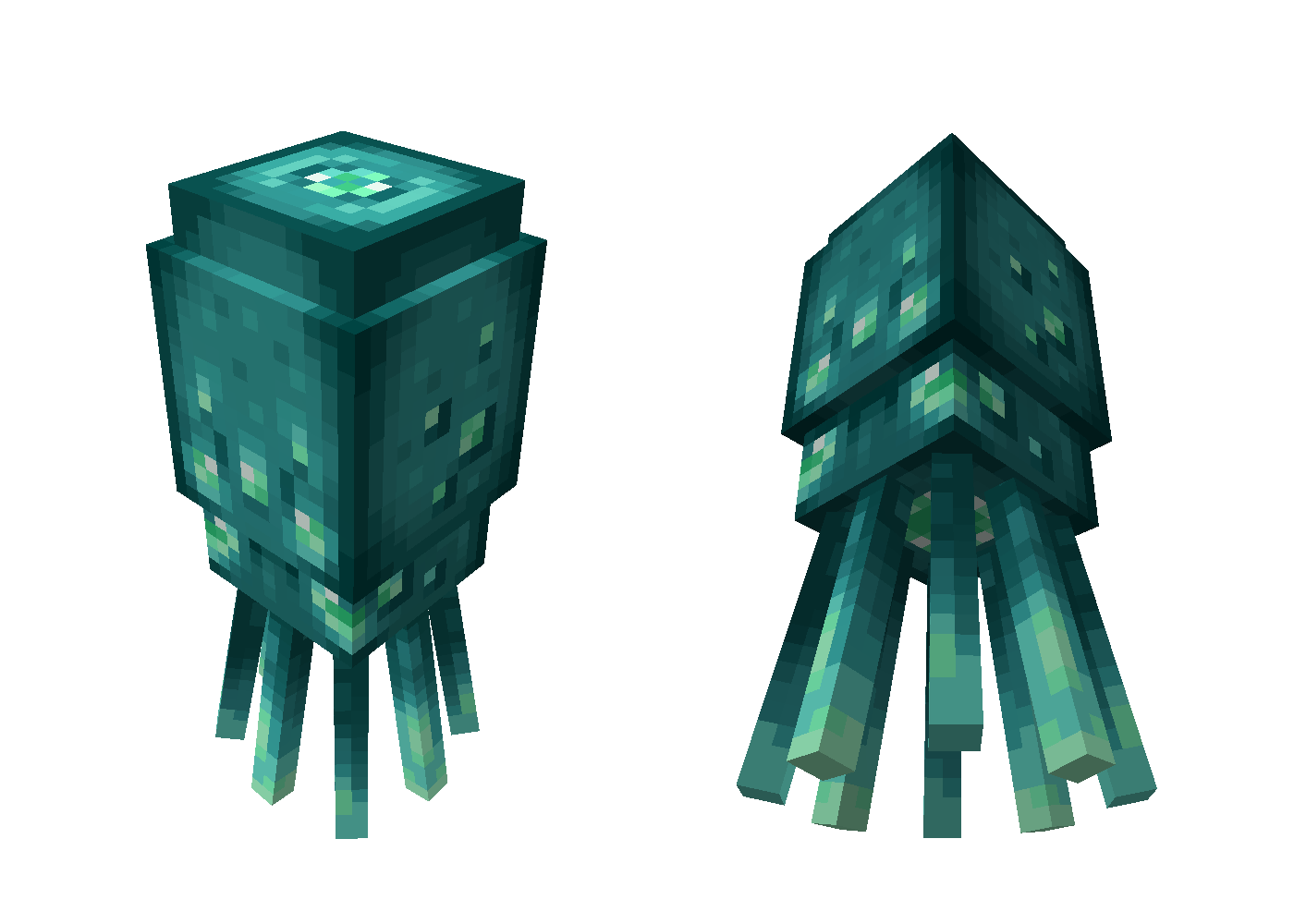 Two images of a glow squid. The first was taken from an overhead angle while the second is from a below-tentacle angle. The 'Slightly Squidier' resource pack has been applied.