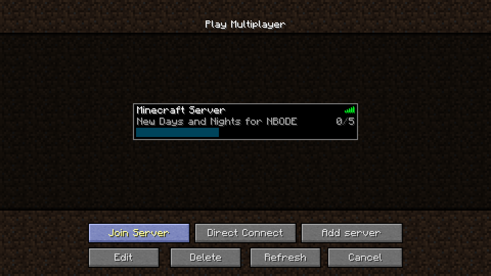 A Minecraft Noticeably Beta 1.8 Alpha 1.0.2 server list with an active server. "New Days and Nights for NBODE" is its description.