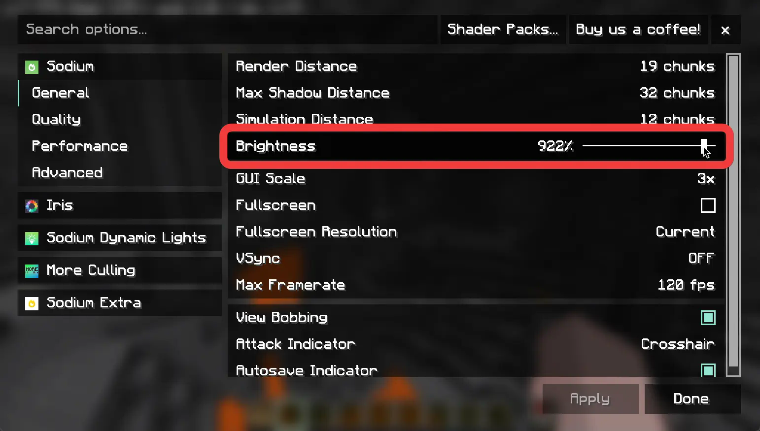 Screenshot showcasing high brightness value in Sodium menu