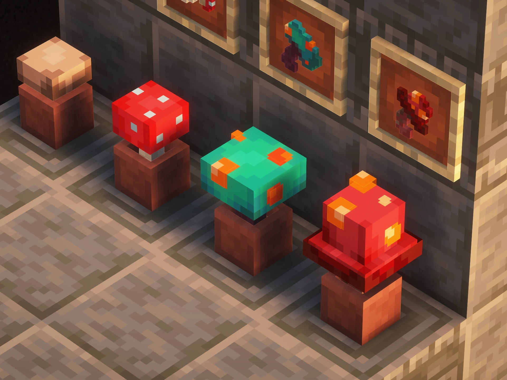 A screenshot from the game Minecraft. Overlooking a row of four flower pots placed on top of smooth tuff blocks. From left to right, in each pot is a brown mushroom, a red mushrrom, a warped fungus, and a crimson fungus respectively.