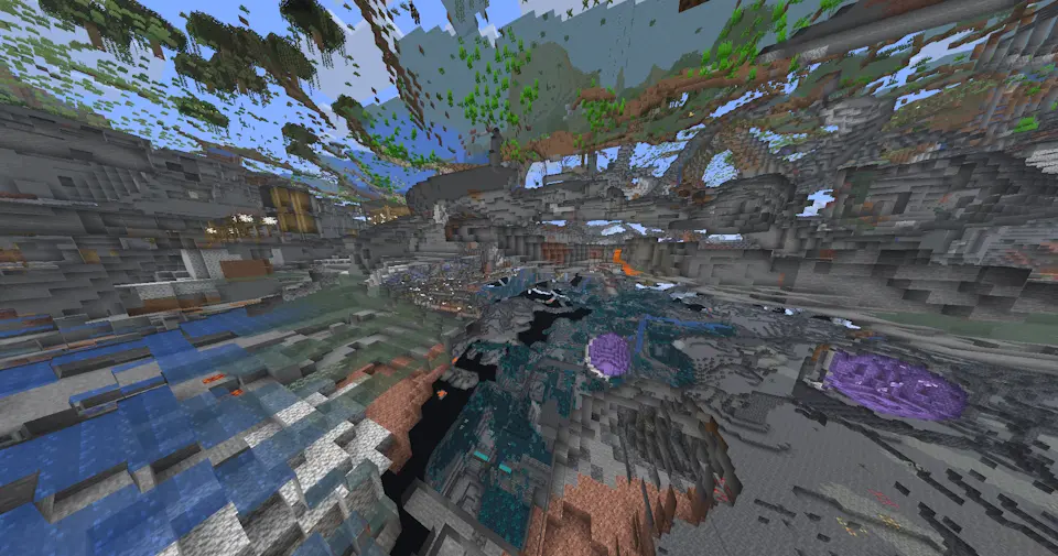 Screenshot showing an ancient city generated below a swamp biome