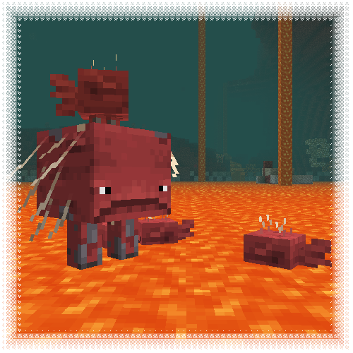 An adult strider and several baby ones, swimming in lava