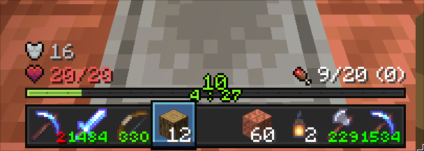 Minecraft hotbar, with durability, XP, health, armor, armor, and food replaced with various numbers